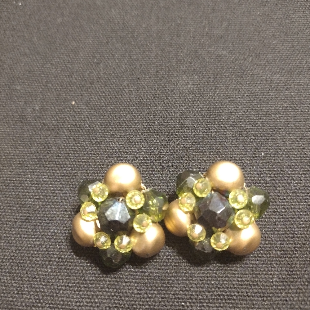 Vintage Green/Gold Faux Pearl Clip On Earrings Stamped W. Germany